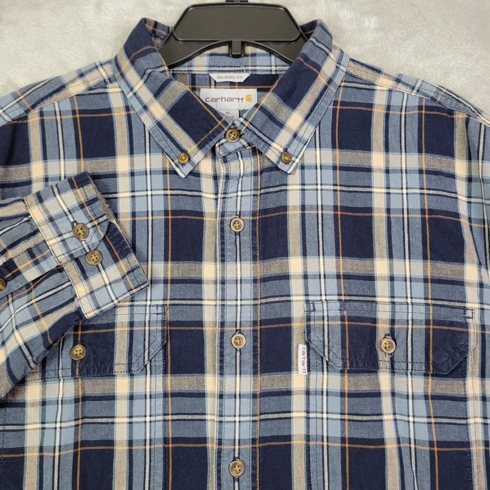 Carhartt‎ Mens XL Blue Grey Plaid Shirt Long Sleeve Button-Down Relaxed Fit